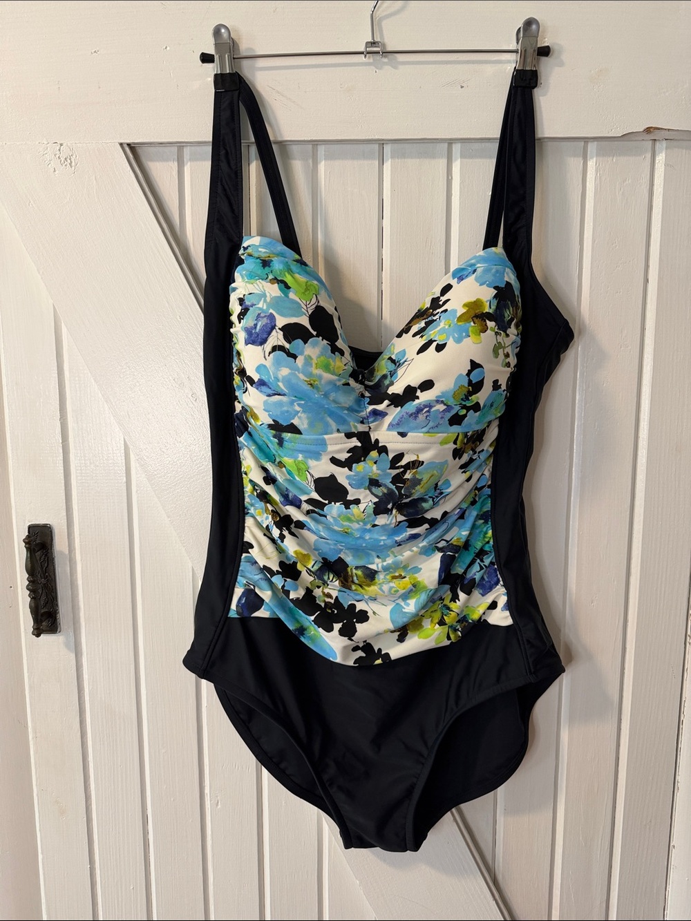 Floral Ruched One-Piece Swimsuit in Black and Blue